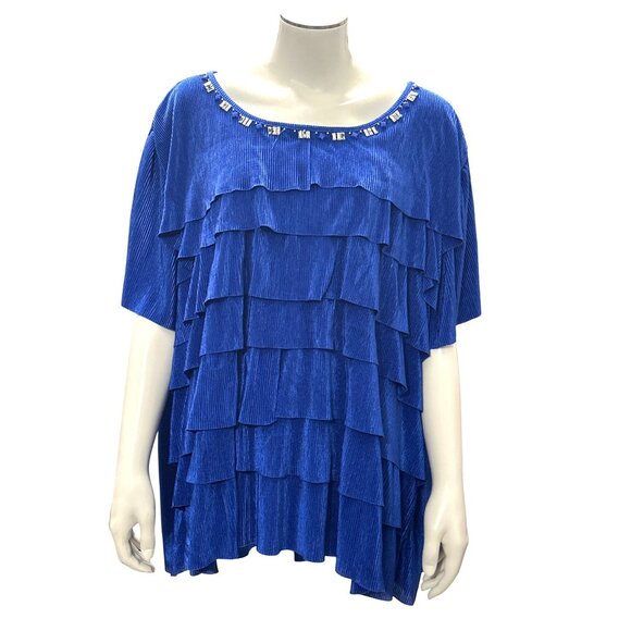 Alfred Dunner 3X Royal Blue Ruffle Blouse Glam Boldwear Textured Shine Top - Picture 2 of 12